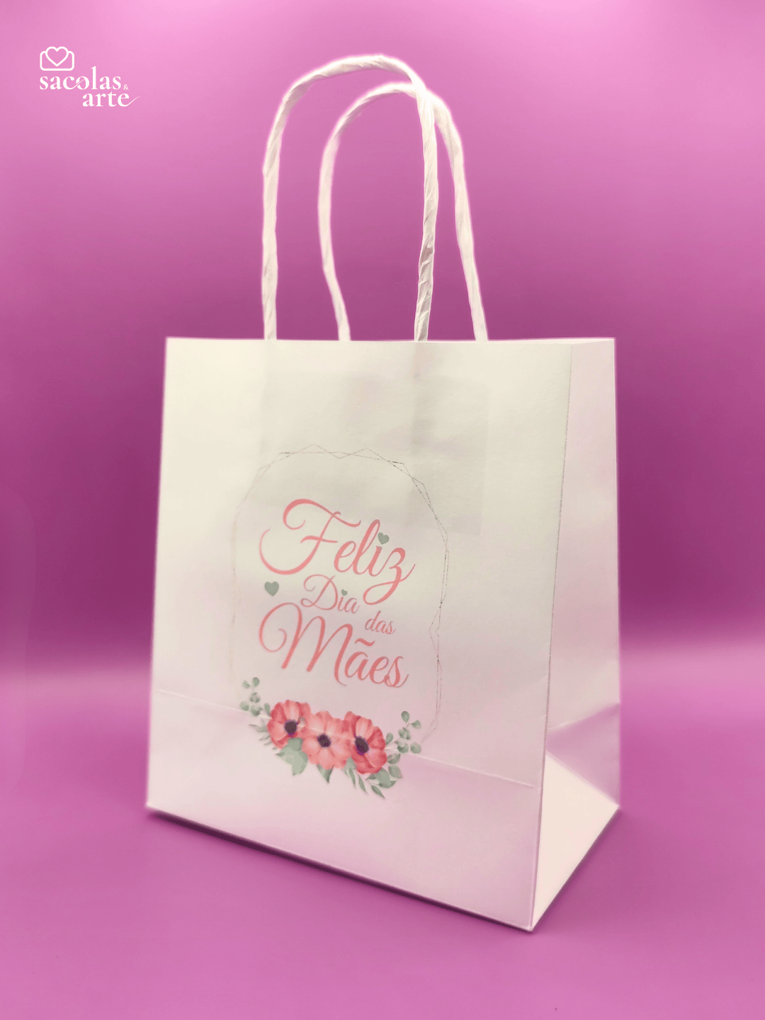 10 Sacolas de Papel Dia das Mães - Alça de Papel - 10 Unidades
