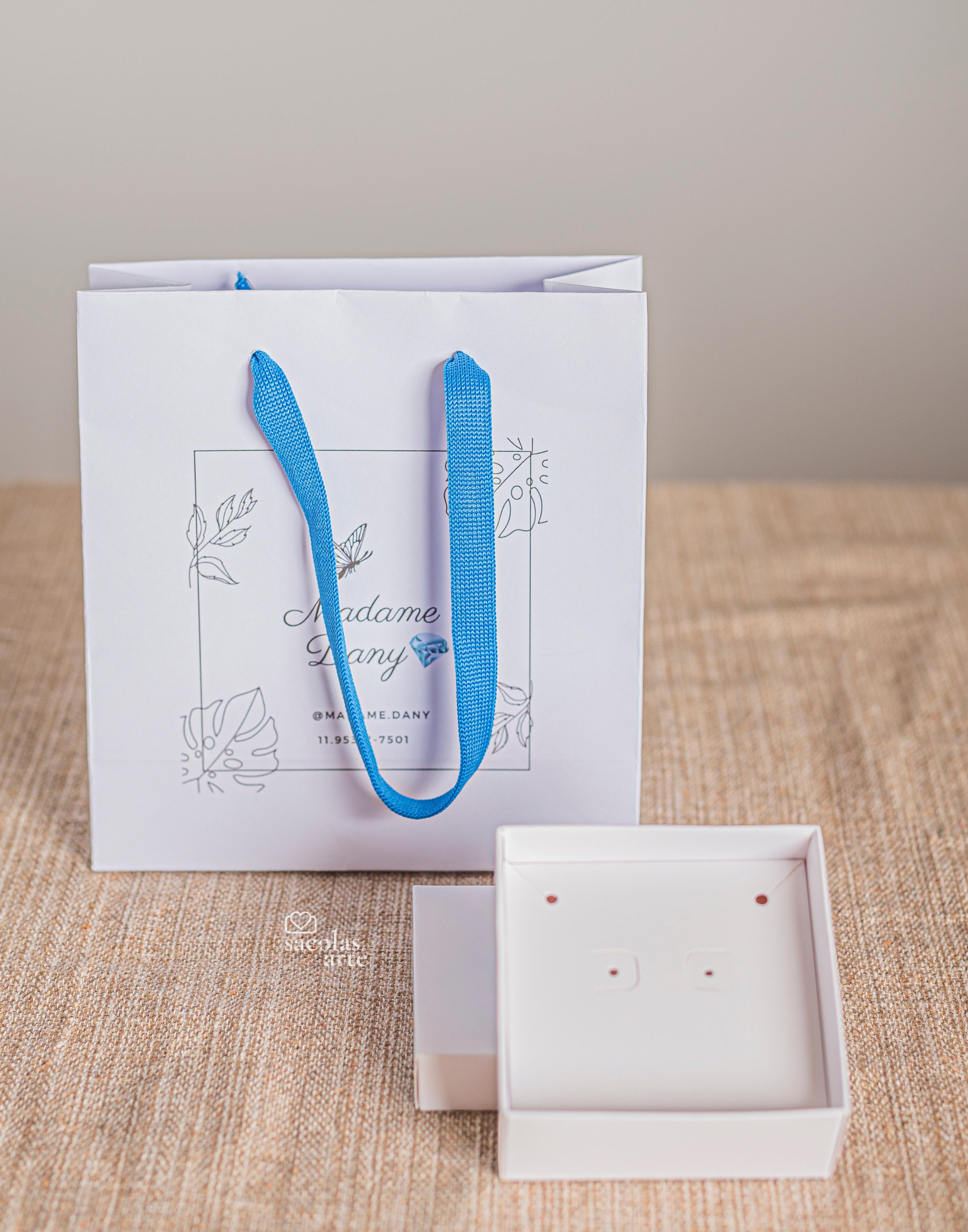 Kit Joia Branco 2 -Sacolas Personalizadas 14x06x15 com alça de Fita + Caixas