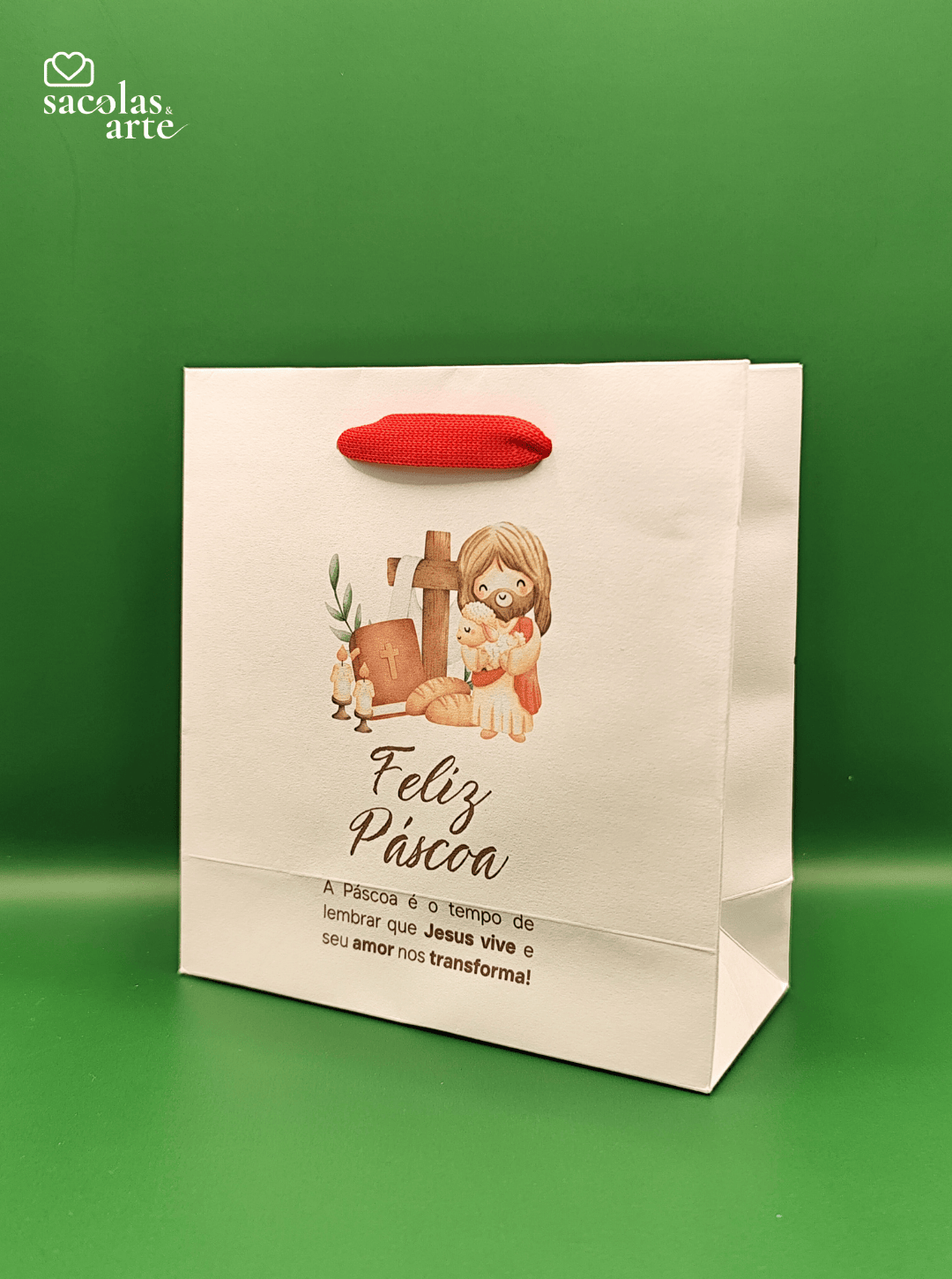10 Sacolas de Papel Páscoa - Alça de Fita - 10 Unidades