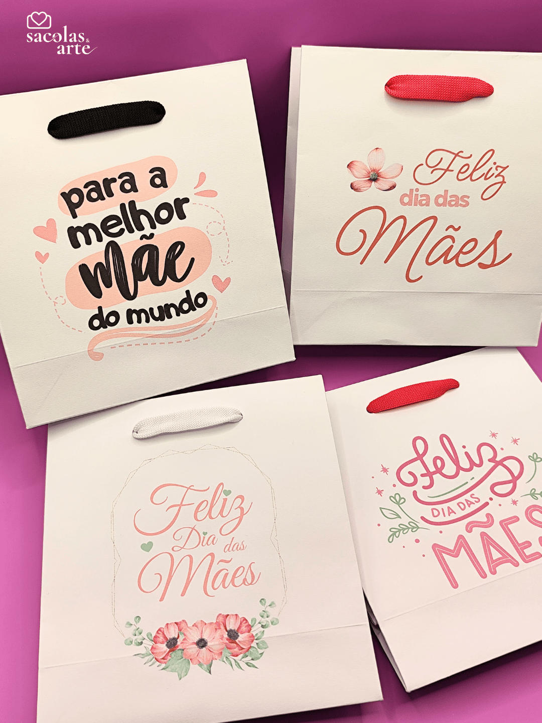10 Sacolas de Papel Dia das Mães - Alça de Fita
