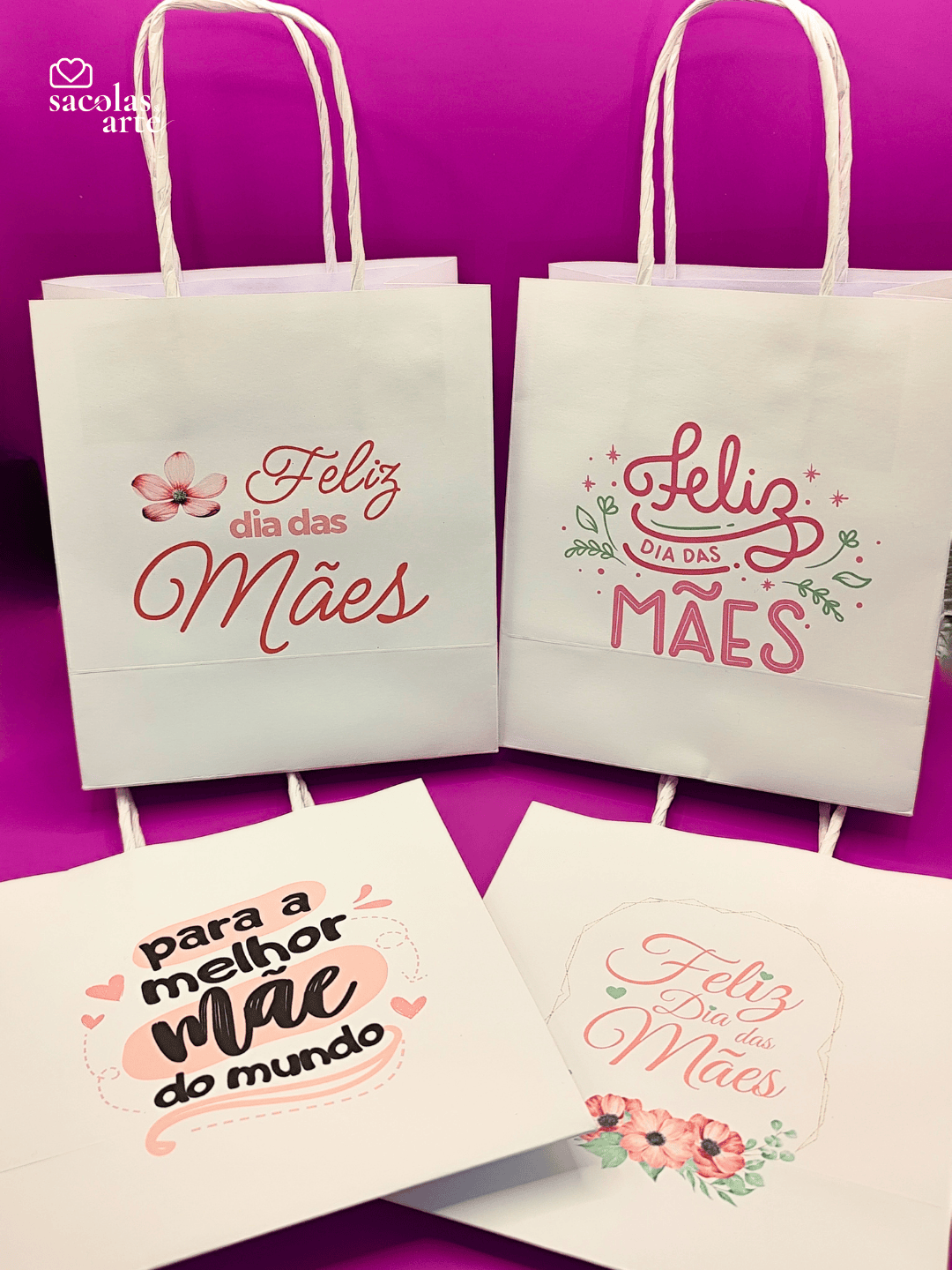 10 Sacolas de Papel Dia das Mães - Alça de Papel - 10 Unidades