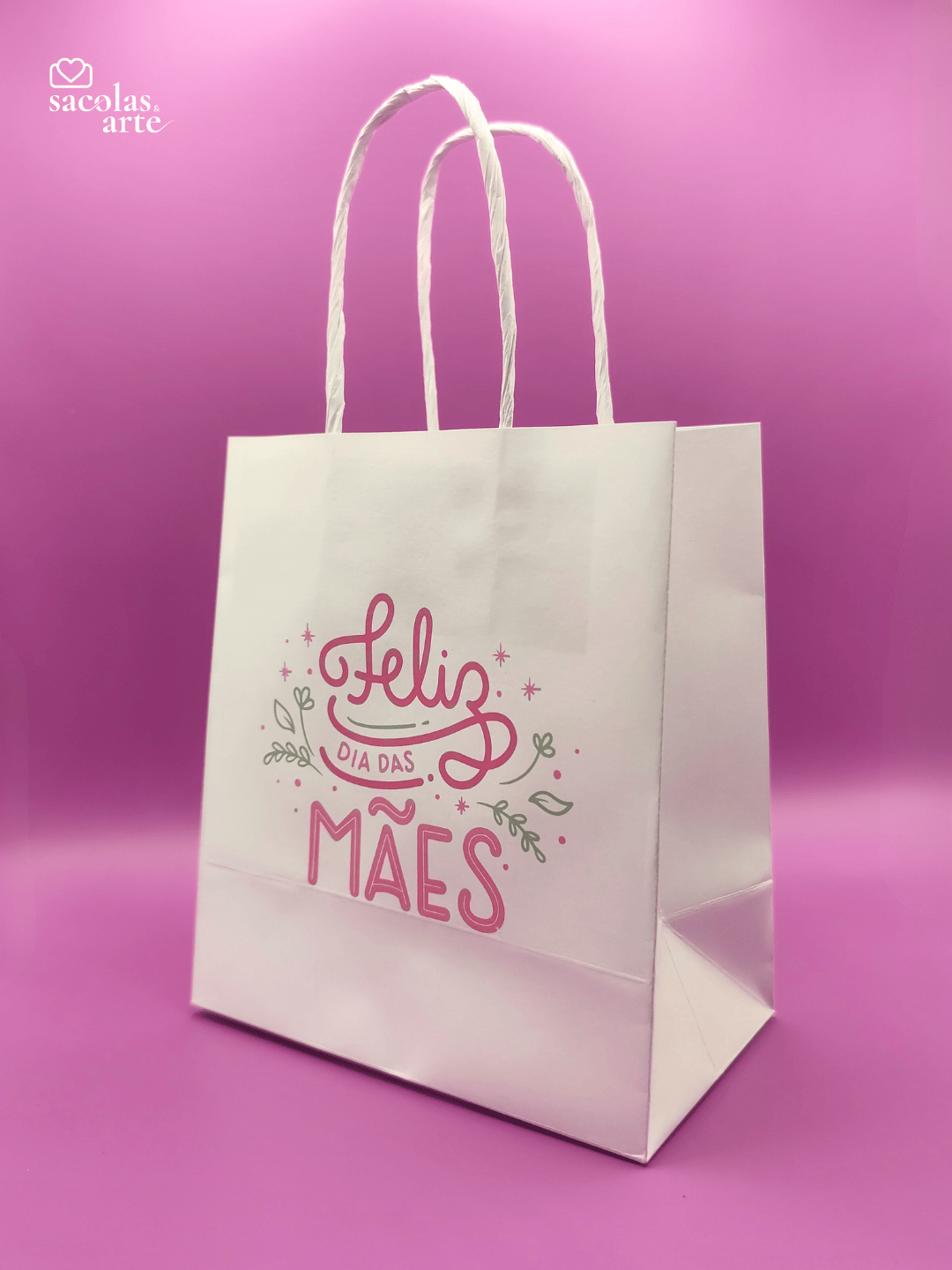 10 Sacolas de Papel Dia das Mães - Alça de Papel - 10 Unidades